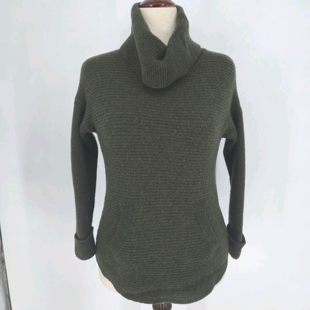 Max Studio Women L Wool Yak Cowl Neck Sweater Olive Green Ribbed Tunic Top